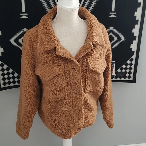 😍 GUC American Eagle Ladie's Cropped Sherpa Teddy Jacket, Brown, Small - Picture 9 of 11